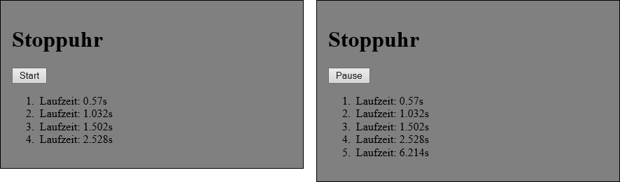 Darstellung der Zustände Start- und Stopp in der Stoppuhr